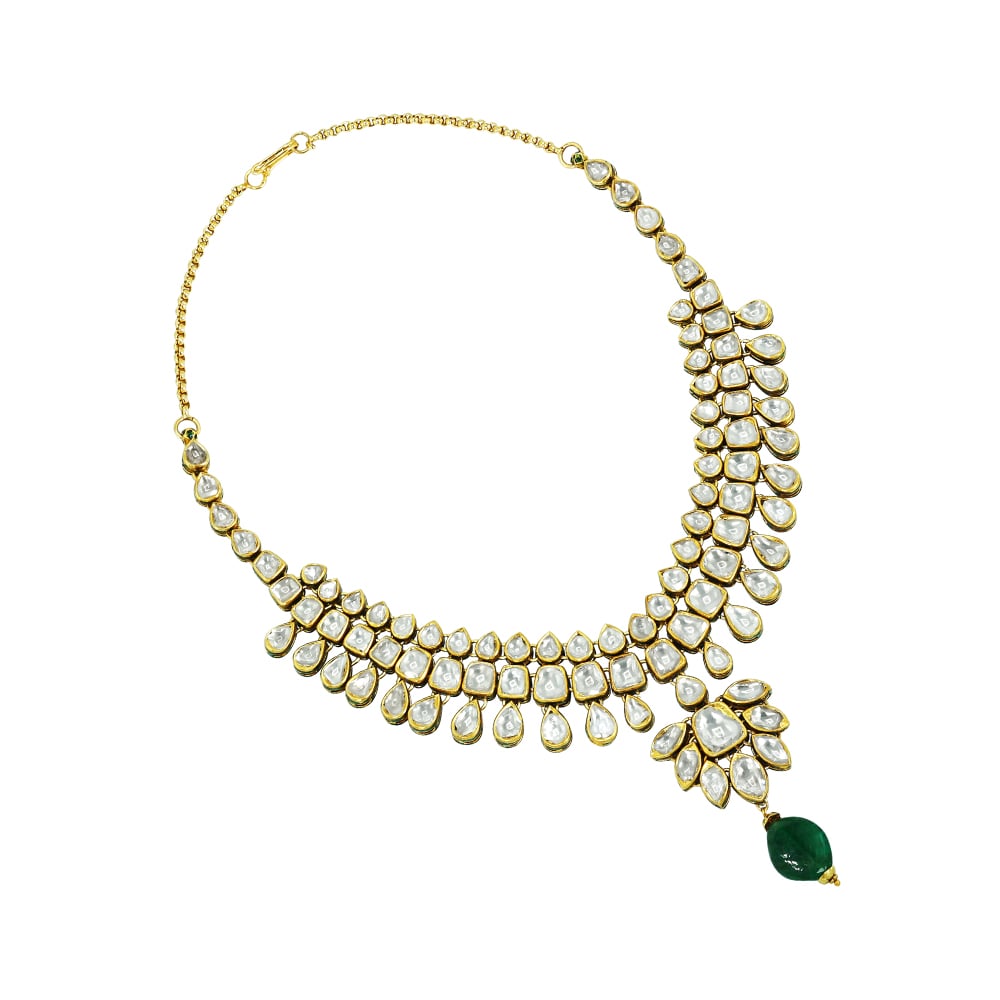Layered Polki Necklace Set with Emerald Pendant and Kanoti Earrings